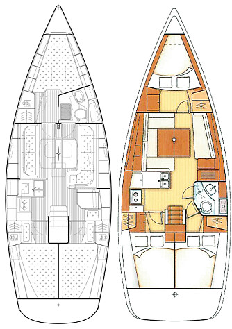 INNREDNING: Bavaria 38 har skikkelig kartbord. Oceanis har innredningen trukket lengre frem. Det gir mindre plass foran hovedskottet, men større lugarer akter. INNREDNING: Bavaria 38 har skikkelig kartbord. Oceanis har innredningen trukket lengre frem. Det gir mindre plass foran hovedskottet, men større lugarer akter.