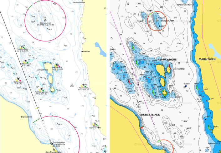 KART: Leden har nå helt nye fyrsektorer. Merk forskjellen på merkingen av HIB på Navionics og S57. På Navionics kan det forveksles med flytestaker. HIBene har nummermerking, men disse finnes ikke i kartene. KART: Leden har nå helt nye fyrsektorer. Merk forskjellen på merkingen av HIB på Navionics og S57. På Navionics kan det forveksles med flytestaker. HIBene har nummermerking, men disse finnes ikke i kartene.