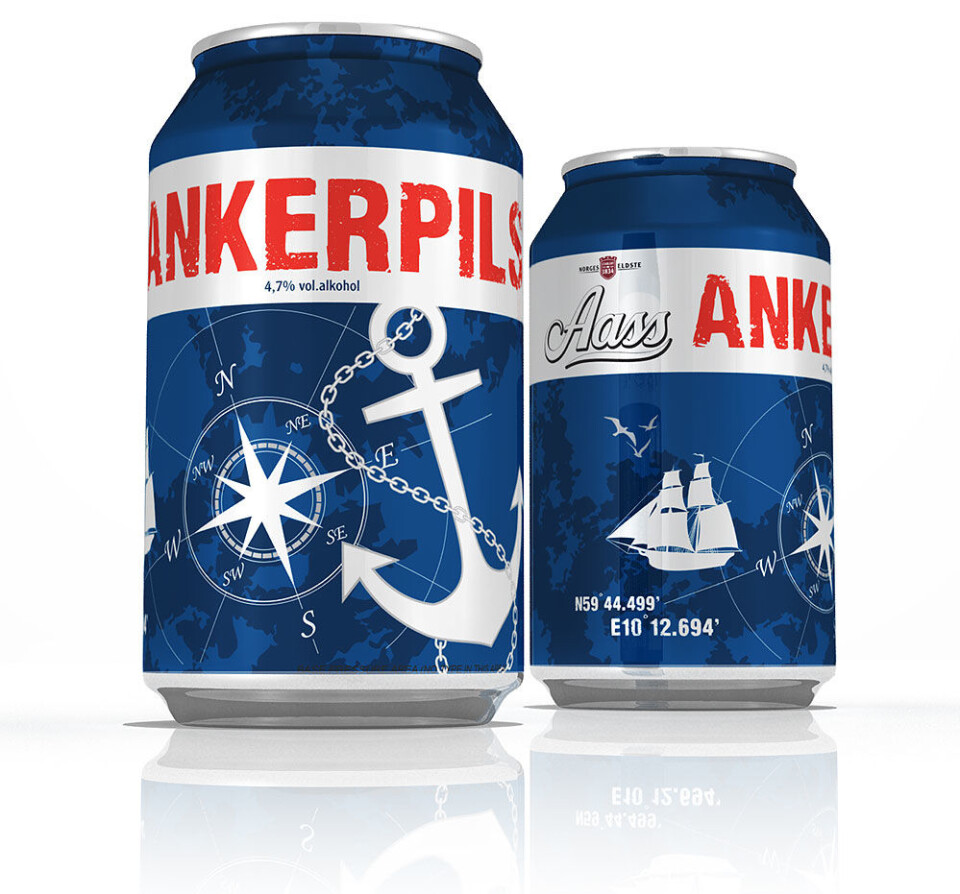 Riktig maritim er ølboksen med den nye ankerpilsen. Til og med bryggeriets GPS-posisjon finner du på boksen!