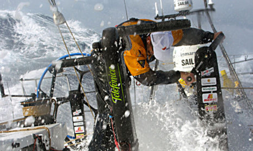 For EDITORIAL USE only, please credit: Mikel Pasabant/Equipo Telefonica/Volvo Ocean RaceGrinding in punishing conditions onboard Telefonica Black as the fleet races South during Leg 1.The Volvo Ocean Race 2008-09 will be the 10th running of this ...