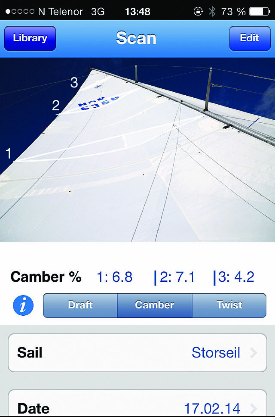 TRIM: North Sails har en app som gjør det mulig å analysere seilene. Målet er å ta bilder av seilet når jeg har funnet litt ekstra fart. Verktøyet viser at små trimjusteringer gir store utslag.
