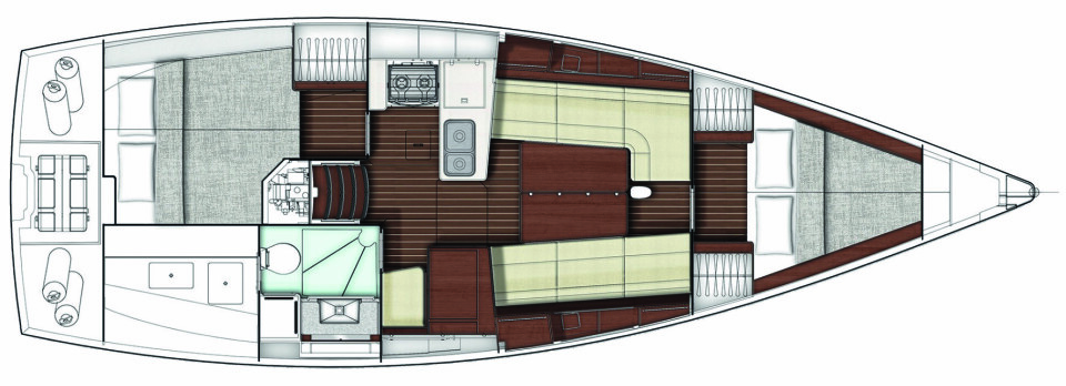 LØSNING: Planløsningen i XC 35 er slik den er i mange andre båter. To lugarer gir et stort rom under styrbord cockpitbenk.