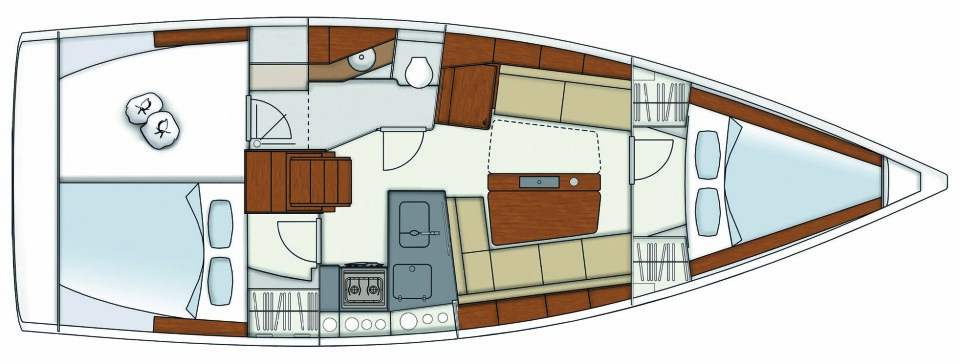 INNREDNING: Hanse 345 var utstyrt med to lugarer som gir ekstra stort bad. Båten kan også leveres med tre lugarer.