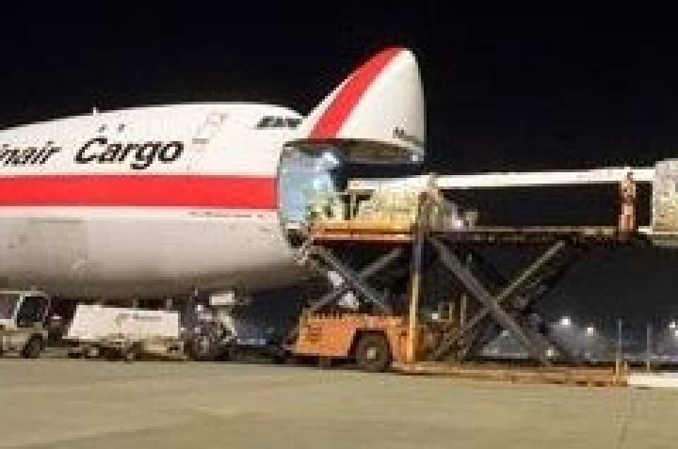 Brasil 1s nye mast lastes over i Martinairs lastefly for transport til Sydney.