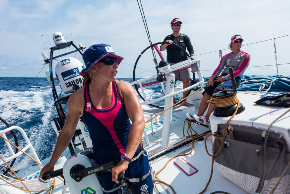 February 24, 2015. Leg 4 to Auckland onboard Team SCA. Day 16. Liz Wardley, Abby Ehler and Sally Barkow.