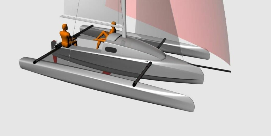 TRIMARAN: Astus 20.5 er en billig flerskrogsbåt med overnattingsmuligheter.