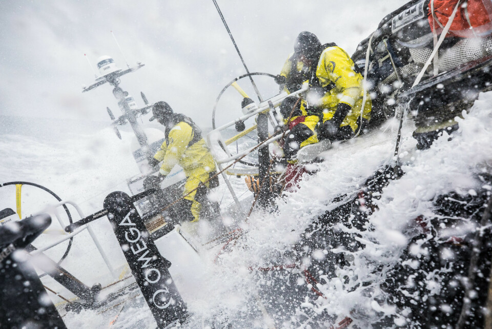 Leg 3, Cape Town to Melbourne, day 04, on board Brunel, Alberto Bolzan  at the helm, Kyle Langford holding the mainsheet and Carlo Huisman at the aft pedestal, Southern Ocean Mode ON. Photo by Ugo Fonolla/Volvo Ocean Race. 13 December, 2017.