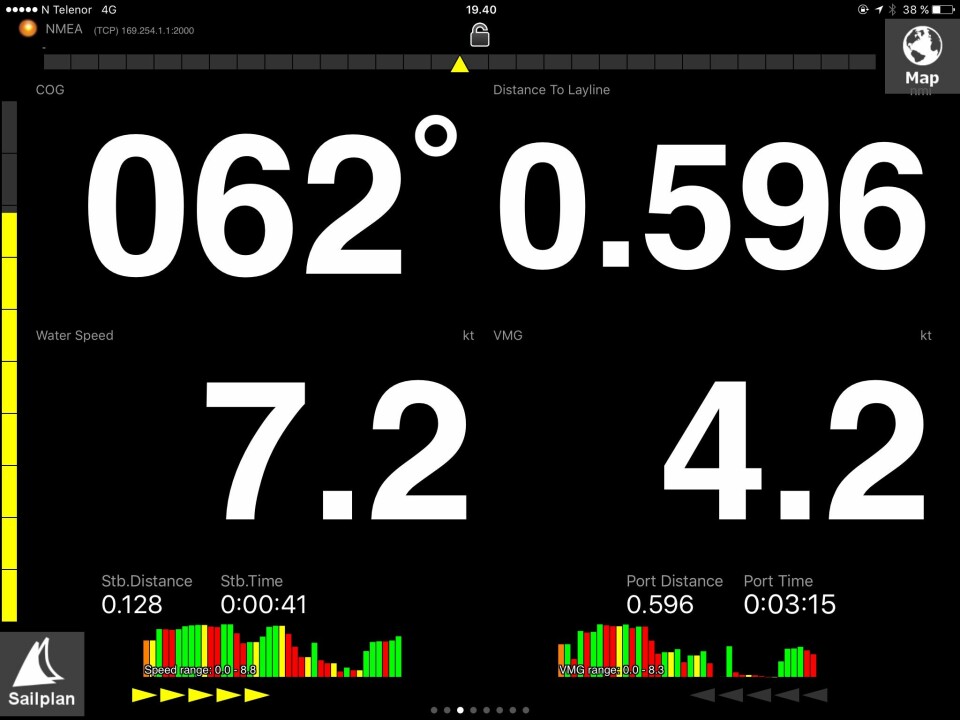 TIL LAYLINE: iRegatta viser på dette skjermbildet kurs over bunnen (062 (COG), avstanden til lalyline i nautiske mil (0,596), fart gjennom vannet (7,2) og farten mot merket (4,2 (VMG)). De røde og grønne barene forteller om verdiene øker eller ...