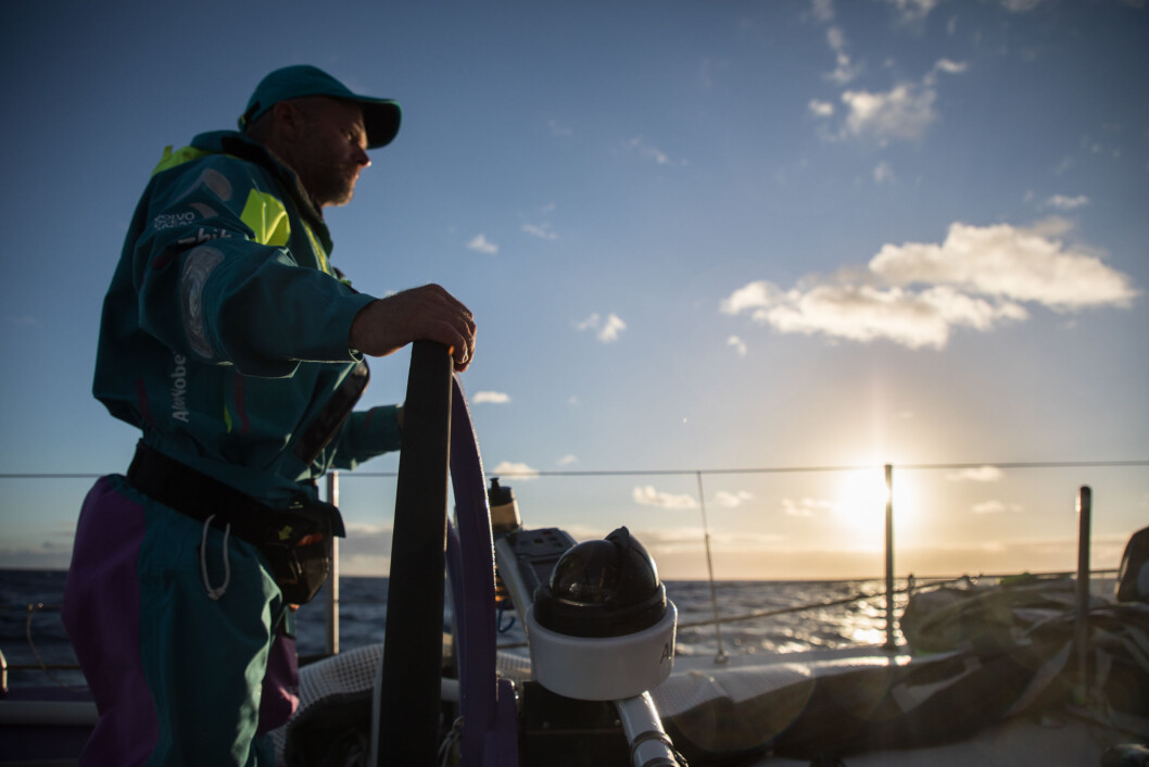 Leg 6 to Auckland, day 19 on board AkzoNobel, Chris Nicoholson at sunrise, 25 February, 2018. Leg 6 to Auckland, day 19 on board AkzoNobel, Chris Nicoholson at sunrise, 25 February, 2018.