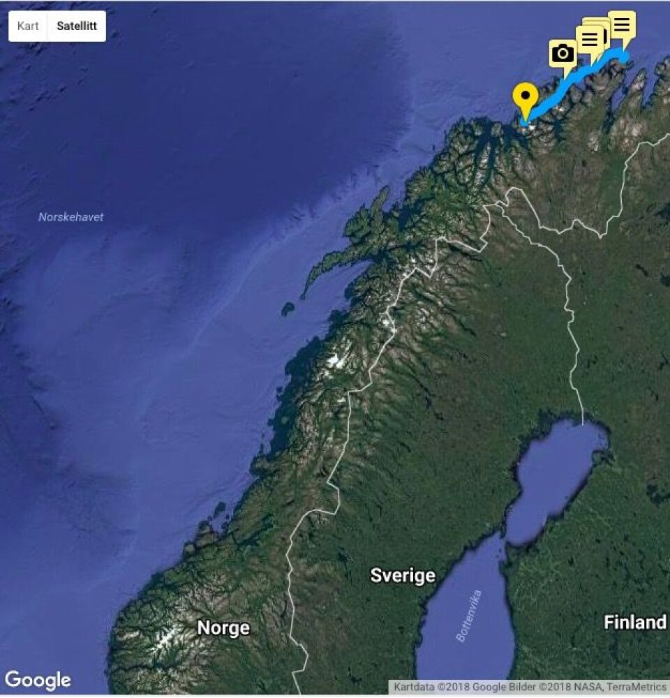 LANGT: Klann har i løpet av fem dager seilt ca 1/10 av distansen til Lindesnes. LANGT: Klann har i løpet av fem dager seilt ca 1/10 av distansen til Lindesnes.