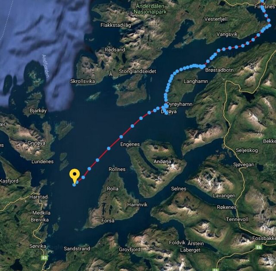 TURBO: 11. mai har Klann satt ny fartsrekord. Hver prikk er for hvert 15. minutt. Han seiler i dag hastigheter over 10 knop på Harstad.