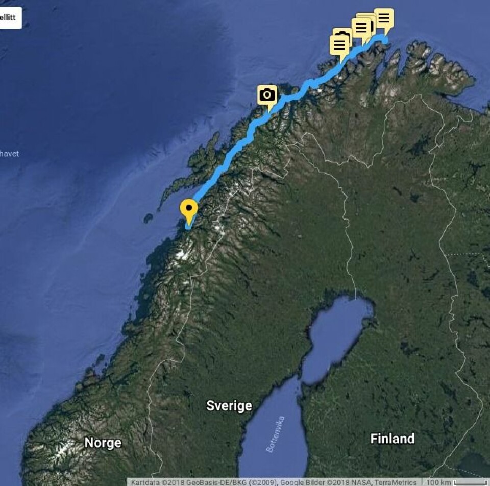 LANGT: Magne Klann har seilt over 1/3 del av distansen mellom Nordkapp og Lindesnes.