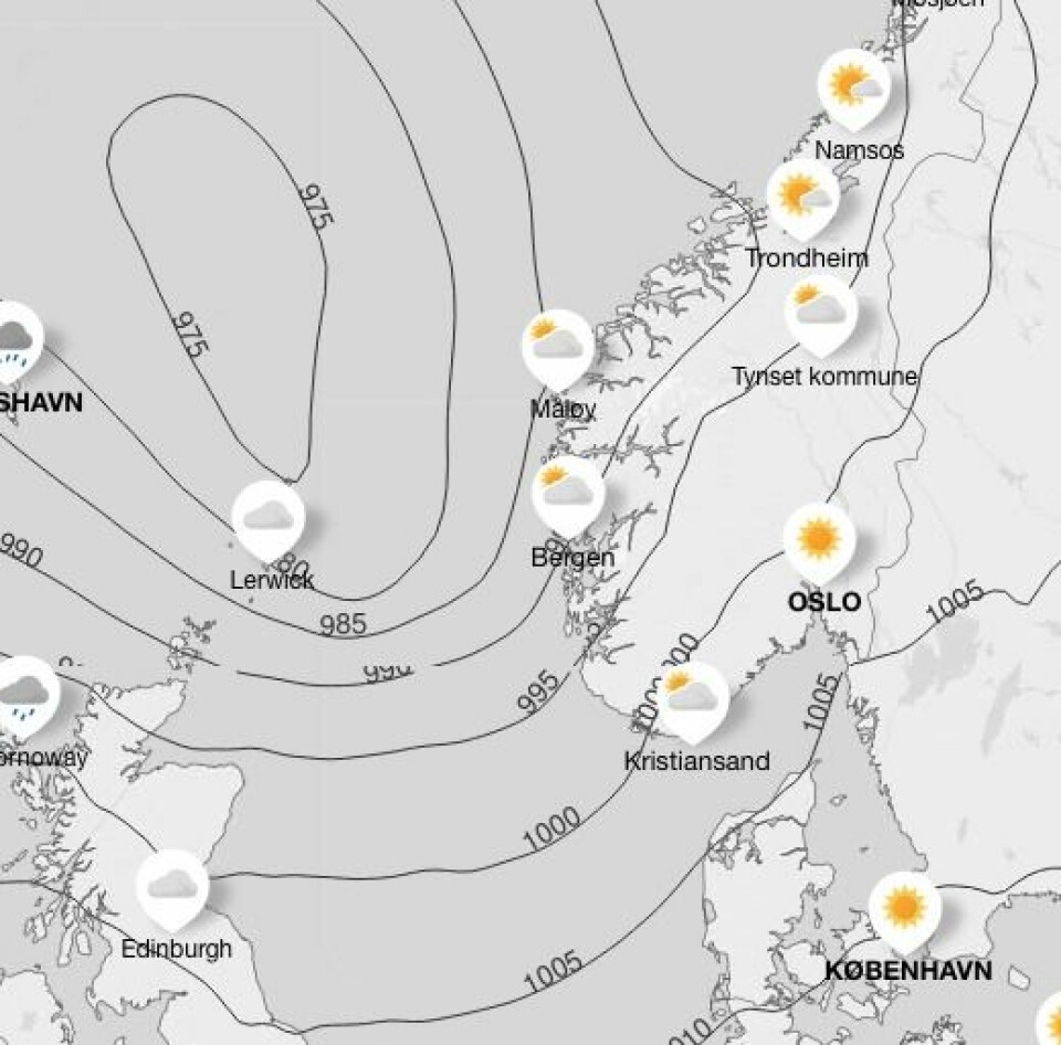 LAVTRYKK: Vinden i Skagerrak torsdag er ingen ting i forhold til i Nordsjøen.