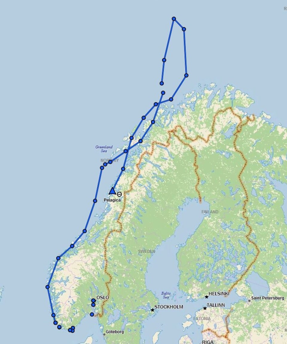 RUTE; «Pelagica»s rute til Bjørnøya i sommer.
