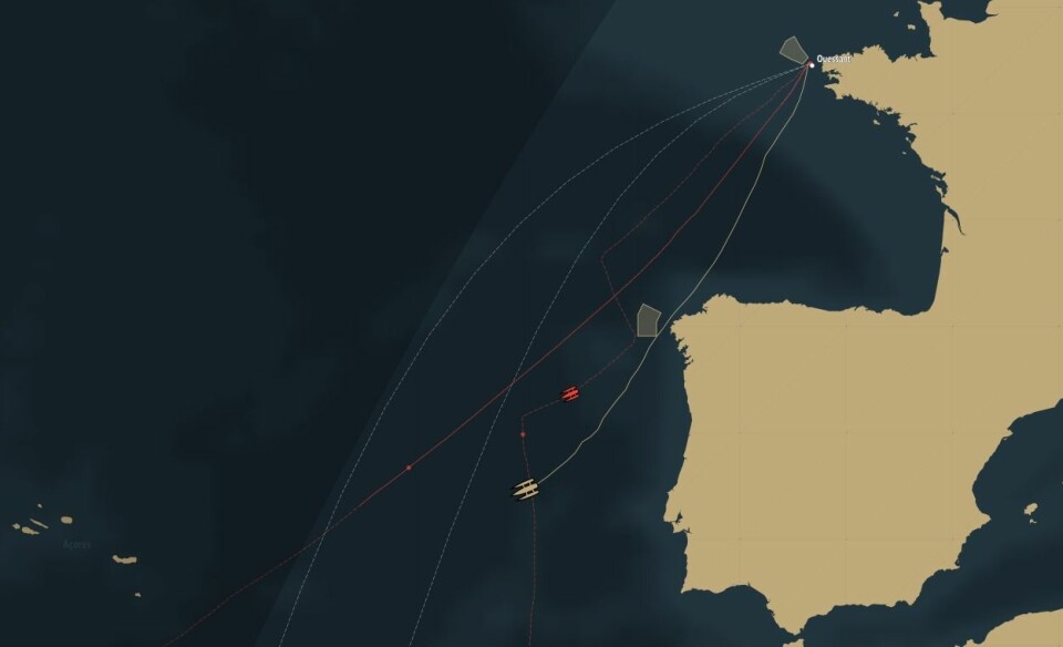 KURS: Spindrift er vest for Lisboa etter ett døgns seiling. De har så langt holdt en mer direkte kurs.