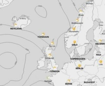 TRYKK: Prognose for F&aelig;rderstarten. Vindstr&oslash;mmen vil dannes mellom h&oslash;ytrykket i Norske havet og et svakt lavtrykk over S&oslash;r Sverige. 