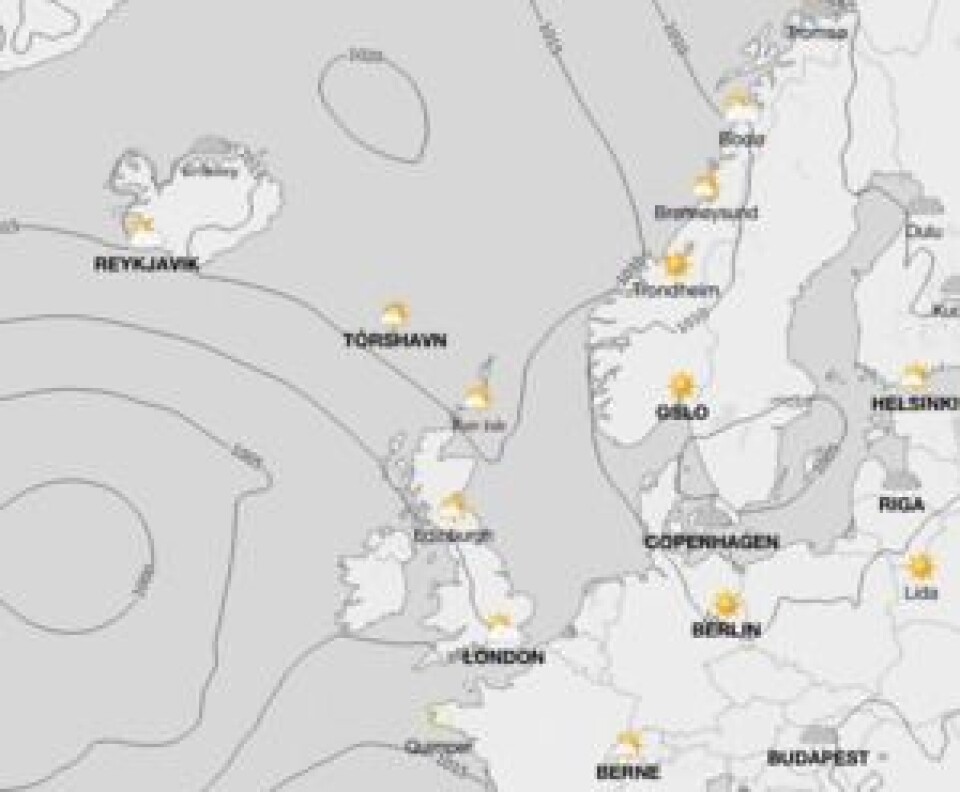 TRYKK: Prognose for Færderstarten. Vindstrømmen vil dannes mellom høytrykket i Norske havet og et svakt lavtrykk over Sør Sverige. TRYKK: Prognose for Færderstarten. Vindstrømmen vil dannes mellom høytrykket i Norske havet og et svakt lavtrykk over Sør Sverige.