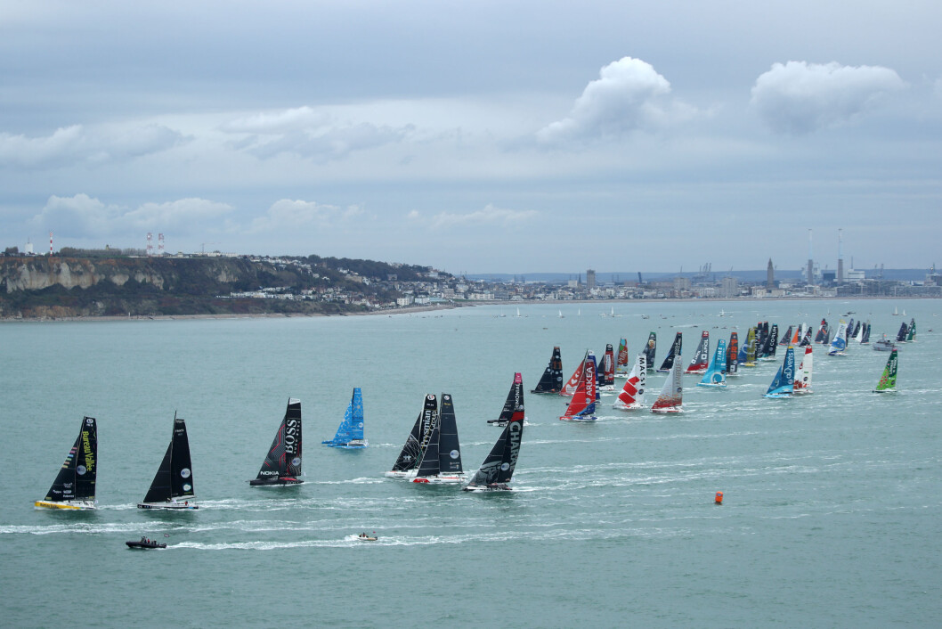 LE HAVRE, FRANCE - OCTOBER 27: Fleet is taking a good start during the Transat Jacques Vabre 2019, duo sailing race from Le Havre, France, to Salvador de Bahia, Brazil, on October 27, 2019 in Le Havre, France. (Photo by Alea) LE HAVRE, FRANCE - OCTOBER 27: Fleet is taking a good start during the Transat Jacques Vabre 2019, duo sailing race from Le Havre, France, to Salvador de Bahia, Brazil, on October 27, 2019 in Le Havre, France. (Photo by Alea)