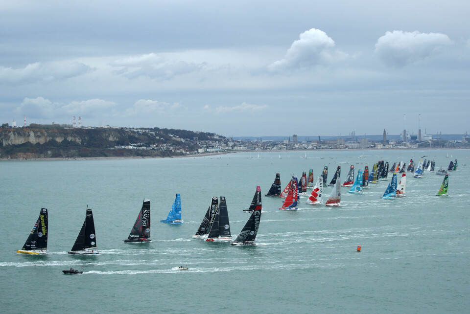LE HAVRE, FRANCE - OCTOBER 27: Fleet is taking a good start during the Transat Jacques Vabre 2019, duo sailing race from Le Havre, France, to Salvador de Bahia, Brazil, on October 27, 2019 in Le Havre, France. (Photo by Alea)
