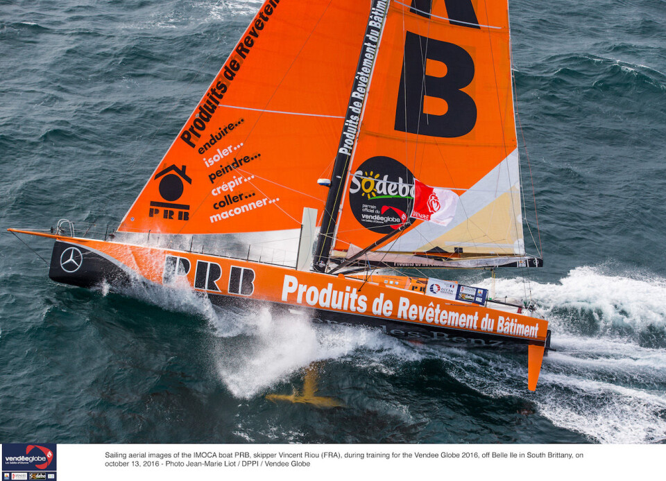 Sailing aerial images of the IMOCA boat PRB, skipper Vincent Riou (FRA), during training for the Vendee Globe 2016, off Belle Ile in South Brittany, on october 13, 2016 - Photo Jean-Marie Liot / DPPI / Vendee Globe Sailing aerial images of the IMOCA boat PRB, skipper Vincent Riou (FRA), during training for the Vendee Globe 2016, off Belle Ile in South Brittany, on october 13, 2016 - Photo Jean-Marie Liot / DPPI / Vendee Globe