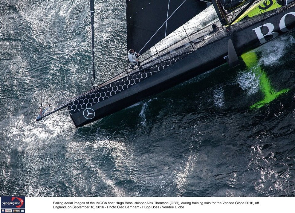 Sailing aerial images of the IMOCA boat Hugo Boss, skipper Alex Thomson (GBR), during training solo for the Vendee Globe 2016, off England, on September 16, 2016 - Photo Cleo Barnham / Hugo Boss / Vendée GlobeImages aériennes de Hugo Boss, skipper ... Sailing aerial images of the IMOCA boat Hugo Boss, skipper Alex Thomson (GBR), during training solo for the Vendee Globe 2016, off England, on September 16, 2016 - Photo Cleo Barnham / Hugo Boss / Vendée GlobeImages aériennes de Hugo Boss, skipper ...