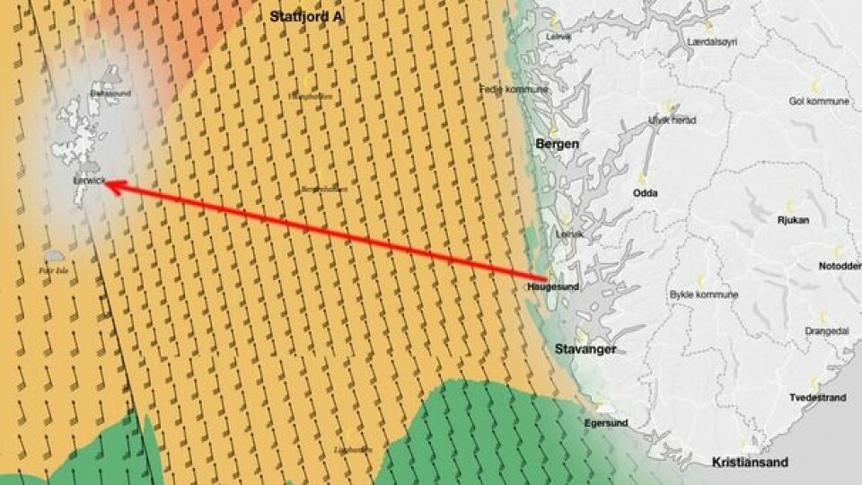 VIND: Prognosene for torsdag ettermiddag. Distansen fra Haugesund til Lerwick er rett under 200 nm.
