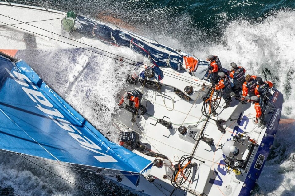 November 06,2014. Team Vestas Wind approaches land in fourth place for Leg 1 from Alicante to Cape Town.