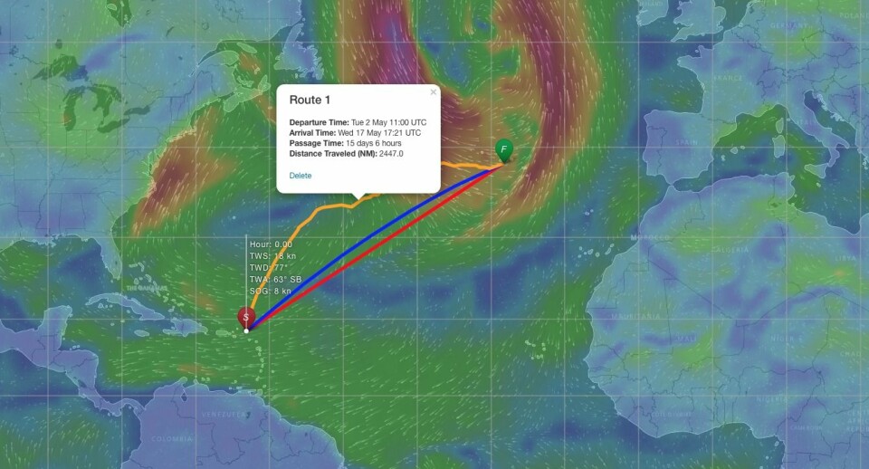 SJEKK: Mange langturseilere sjekker nå værprognosene hyppig for en trygg seilas over Atlanterhavet. Slik prognosene er i dag, så er raskeste vei nordover til Bermuda.
