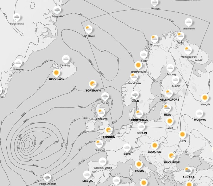 LAVTRYKK: Et stort lavtrykk vil ligge vest for Irland på fredag. Det vil påvirke vindretningen. LAVTRYKK: Et stort lavtrykk vil ligge vest for Irland på fredag. Det vil påvirke vindretningen.