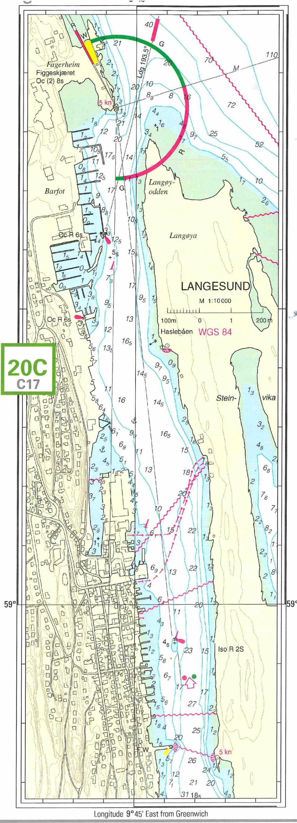 DETALJER: Langesund i forminsket detaljrikt havnekart i 1:10 000.