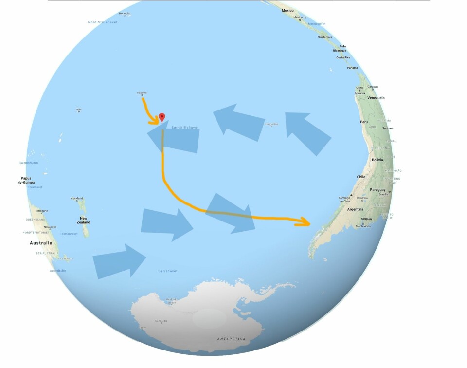 VINDSYSTEMER: «Impulse» seilte fra passatvinden med vind fra sørøst i Sør-Stillehavet ned til lavtrykkene lenger sør med vind fra vest.