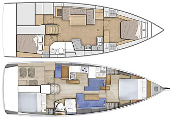 SAMMENLIGNING: Innredningen viser samme bredde-lengdeforhold mellom Oceanis 40.1 og Sun Odyssey 410. Hovedskottet på Oceanis er litt lengre bak. Akterskottet er plassert på samme sted. SAMMENLIGNING: Innredningen viser samme bredde-lengdeforhold mellom Oceanis 40.1 og Sun Odyssey 410. Hovedskottet på Oceanis er litt lengre bak. Akterskottet er plassert på samme sted.