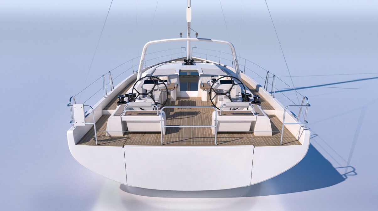 HEKK: Oceanis Yacht 54 har en diger badeplattform, og en jollegarasje under cockpiten.