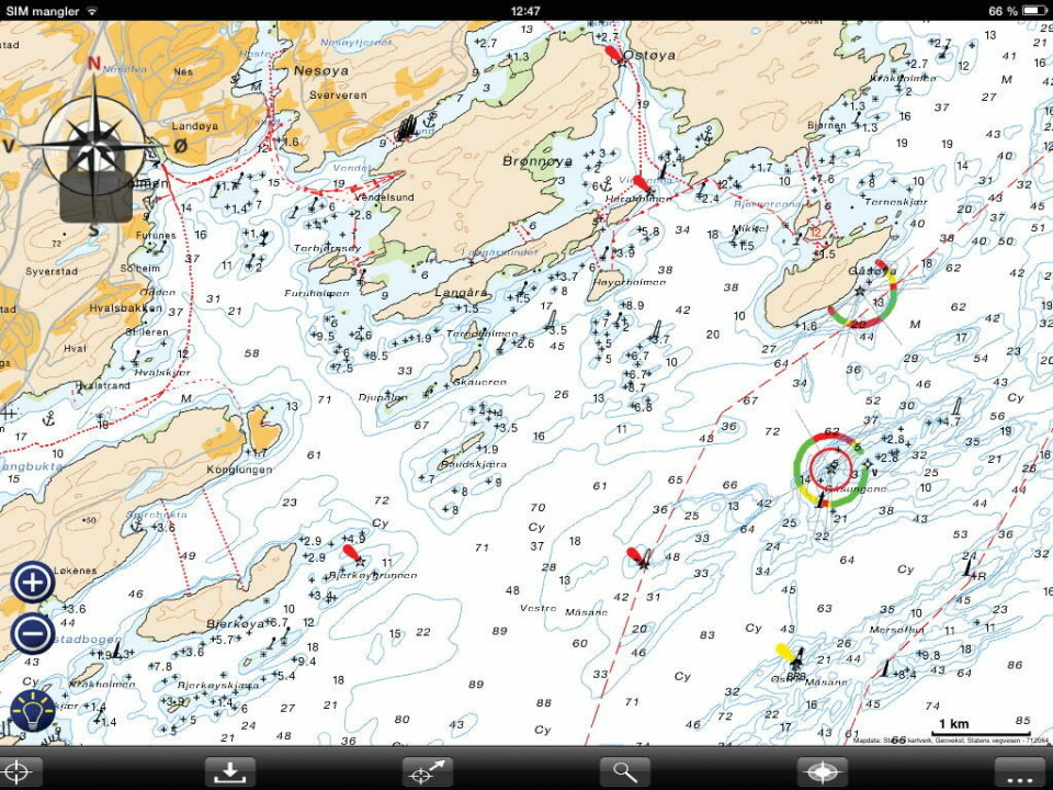 RYDDIG: Båtsportkart har den mest ryddige presentasjonen av kartet. Den ligger tett opp mot papirkart. Dessverre mangler nødvendig informasjon som brohøyder, og kartet er heller ikke like oppdatert som amerikanske iSailor.