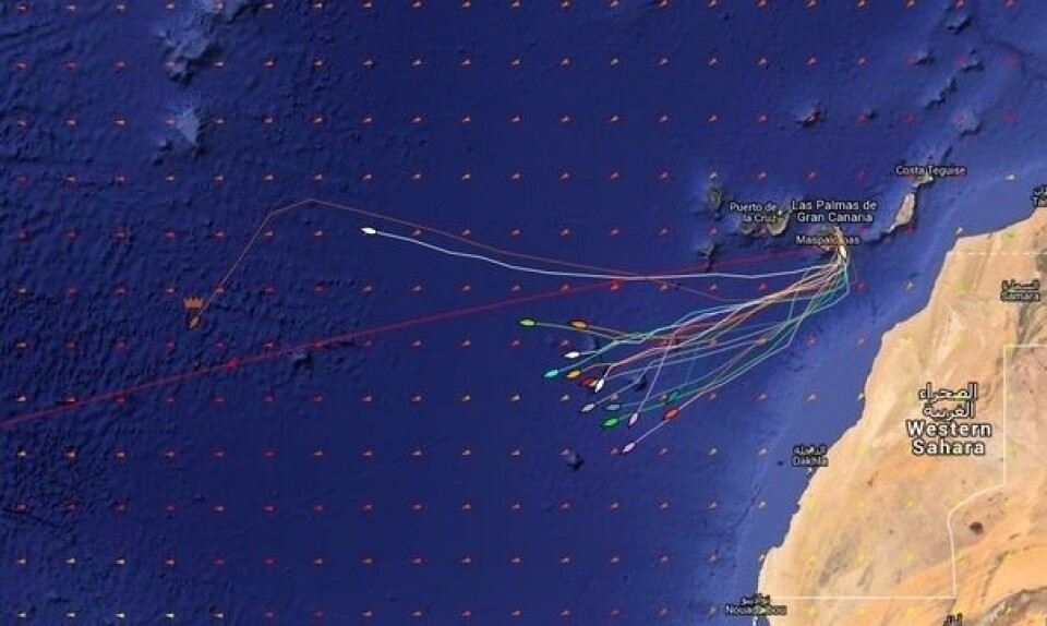 48TIMER: Kartet viser de norske båtenes plassering, samt svenske Pogo S2 og Brunel i front.