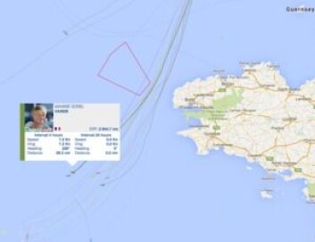 KOLLISJON: «VandB» kolliderte med laste skip 90 nm fra land. Lederbåten tok snarvei vest for Brest. KOLLISJON: «VandB» kolliderte med laste skip 90 nm fra land. Lederbåten tok snarvei vest for Brest.
