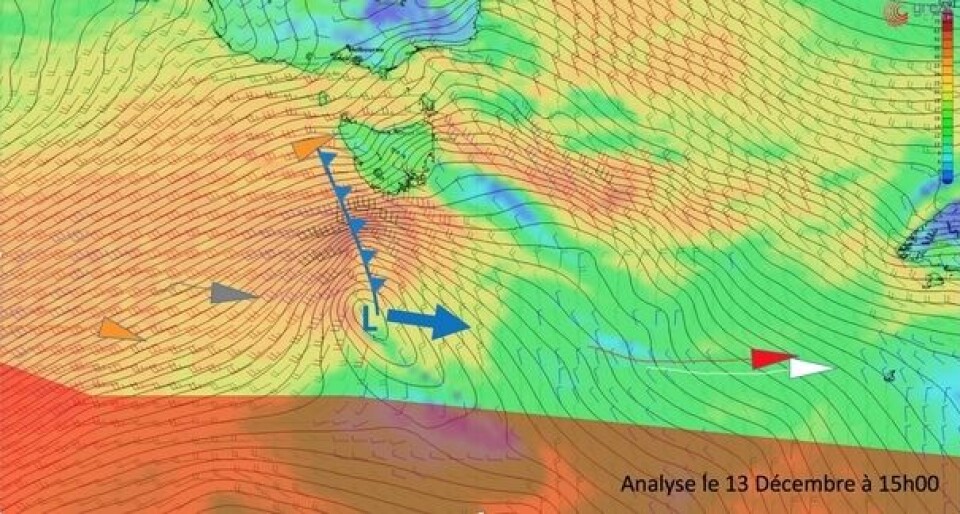 LAVTRYKK: Vinden kan komme opp i 80 knop syd for Tasmania.
