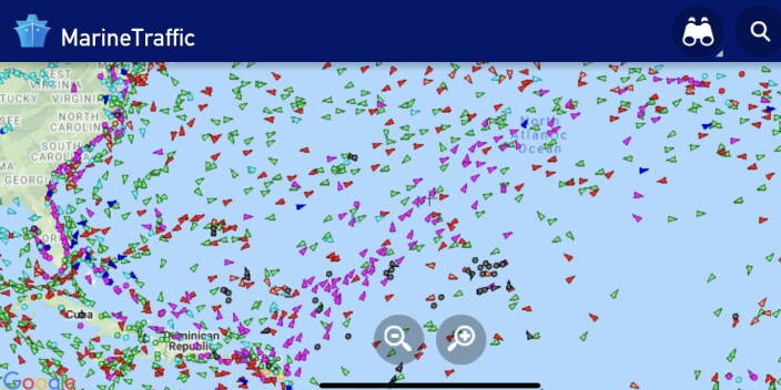Et snapshot fra Marine Traffics trackingkart. De lilla båtene er fritidsbåter. Det er fascinerende å følge seilbåtenes «migrasjon over havet» fra Karibien med kurs mot Azorene. Et snapshot fra Marine Traffics trackingkart. De lilla båtene er fritidsbåter. Det er fascinerende å følge seilbåtenes «migrasjon over havet» fra Karibien med kurs mot Azorene.