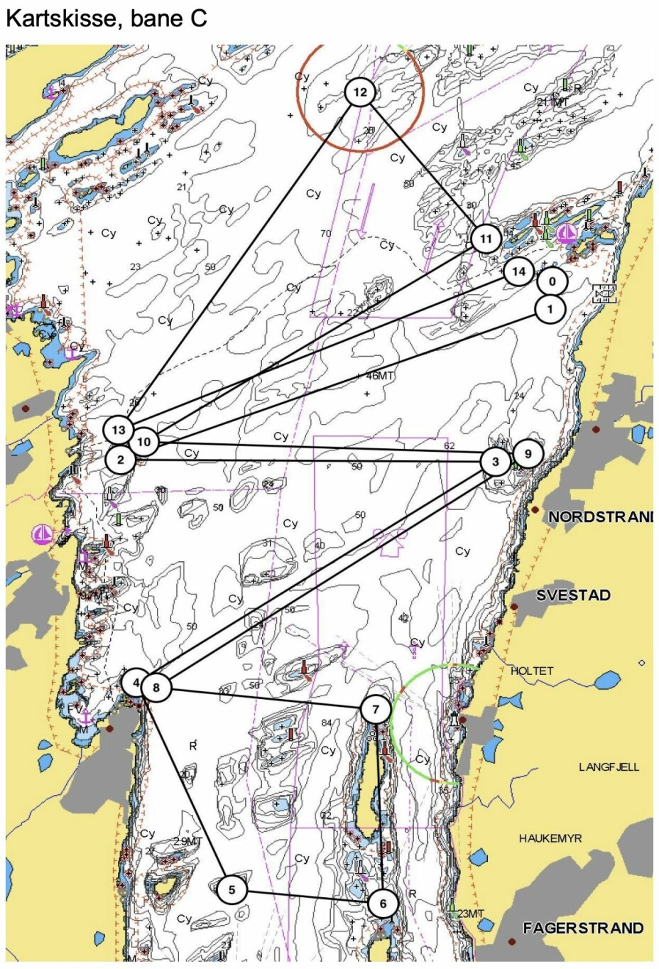 PÅ KRYSS OG TVERS: Deltagerne i shorthanded-NM har alle muligheter til å bli godt kjent i Oslofjorden. Dette er et banealternativ på 28 nautiske mil.
