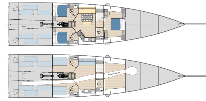 INNREDNING: 80-foteren får tre lugarer med tre bad. Innredningen kan fjernes for regatta. INNREDNING: 80-foteren får tre lugarer med tre bad. Innredningen kan fjernes for regatta.
