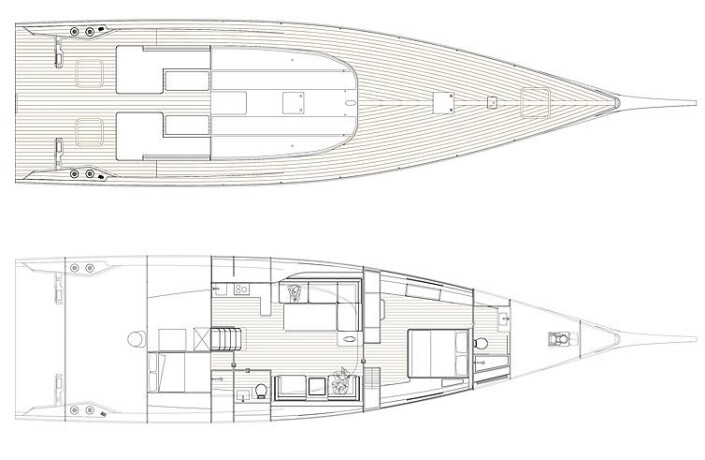 PLANLØSNING: Båten får en spesiell cockpit og bare to lugarer under dekk. PLANLØSNING: Båten får en spesiell cockpit og bare to lugarer under dekk.