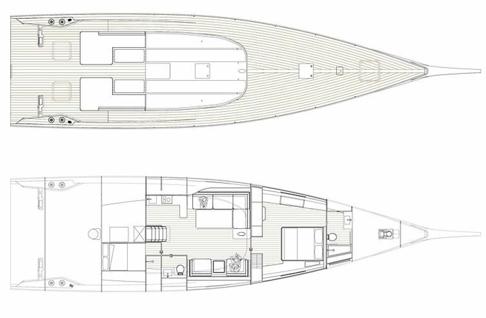 PLANLØSNING: Båten får en spesiell cockpit og bare to lugarer under dekk.