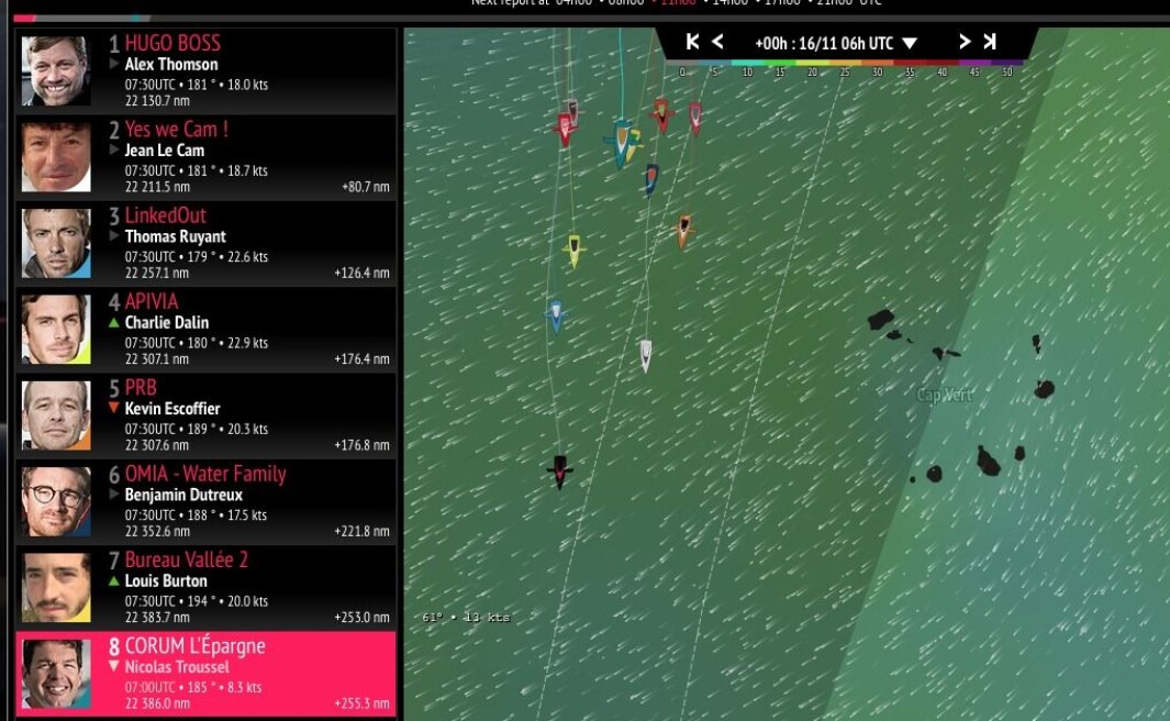PLASSERING: Troussel lå på 7. plass, 253 nm bak Alex Thomson i tet, mandag morgen. PLASSERING: Troussel lå på 7. plass, 253 nm bak Alex Thomson i tet, mandag morgen.