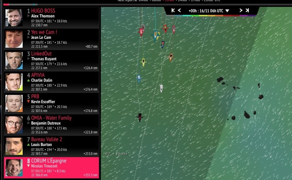 PLASSERING: Troussel lå på 7. plass, 253 nm bak Alex Thomson i tet, mandag morgen.
