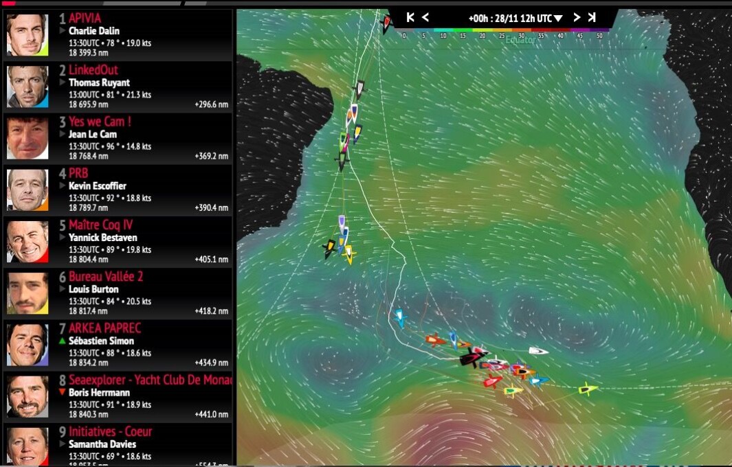 PLASSERING: Alex Thomson hadde falthelt ned til 15. plass da han ga seg. Charlie Dalin har økt sin ledelse. PLASSERING: Alex Thomson hadde falthelt ned til 15. plass da han ga seg. Charlie Dalin har økt sin ledelse.