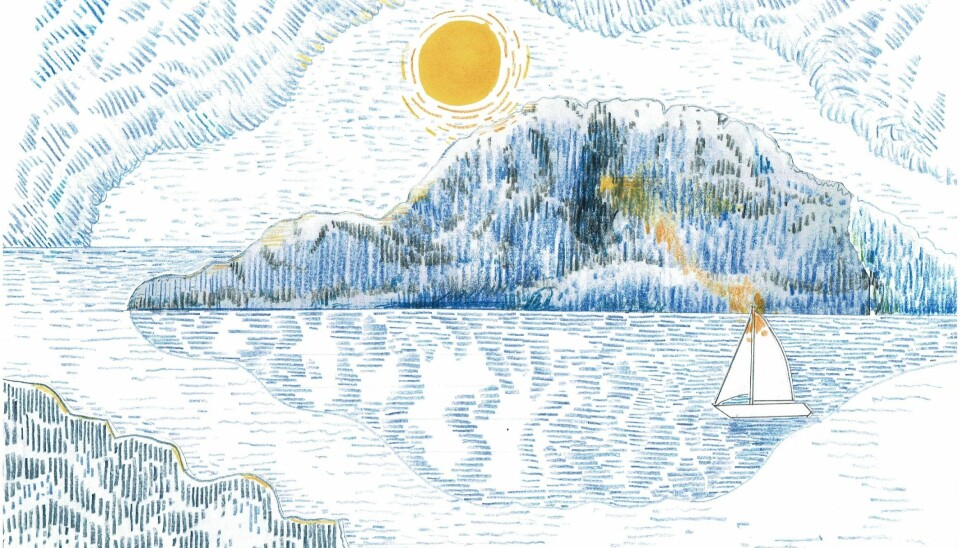 TORGHATTEN: Kan man som seiler fange sollyset gjennom hullet i den berømte Torghatten utenfor Berg på Helgelandskysten, eller er det bare noe man innbiller seg? …. i så fall; tegnerens privilegium.