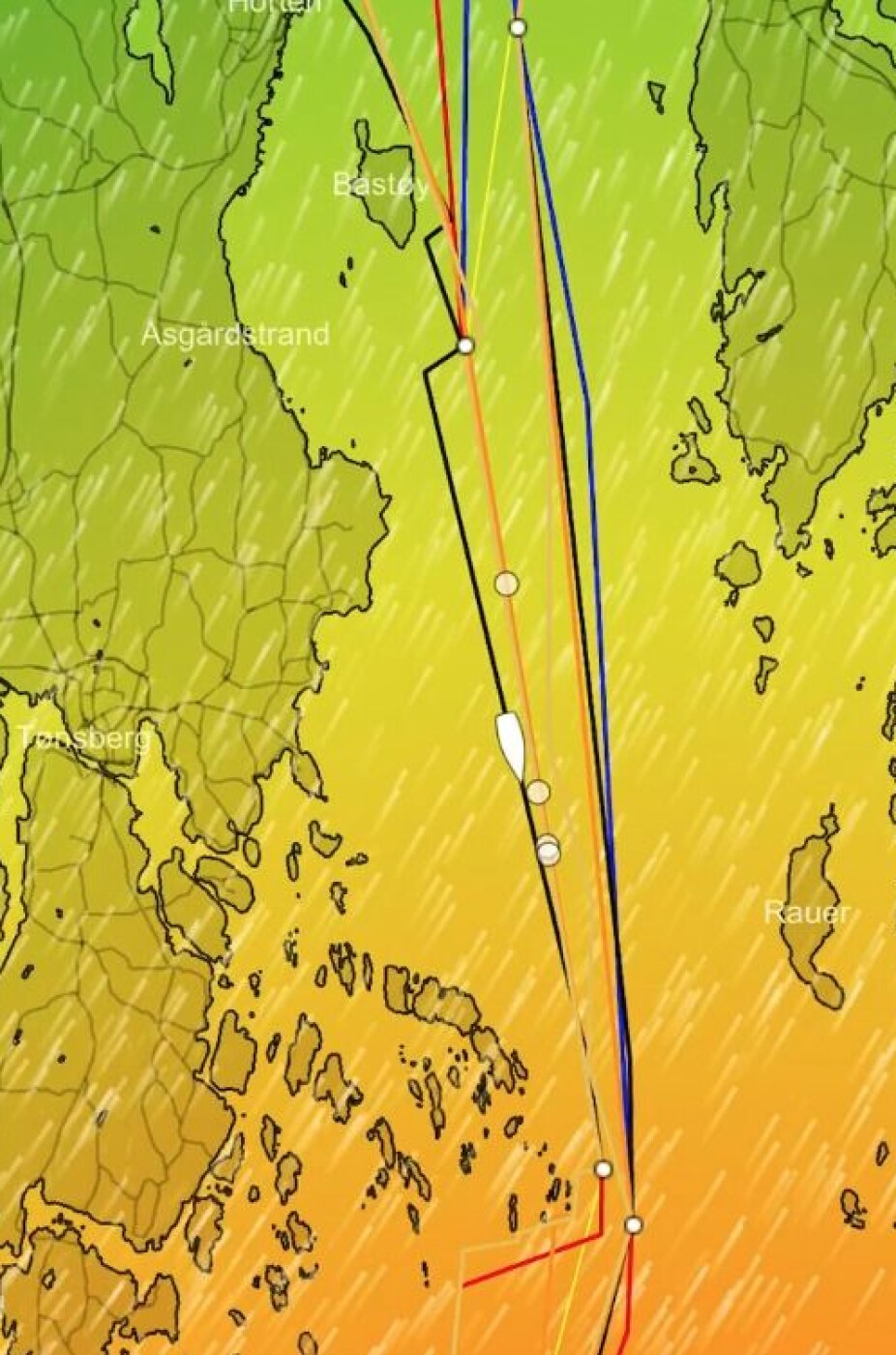 MIDTFJORDS: Det blir lange bein inn og ut Yttre Oslofjord. Holde deg vest på vei ut sier datamaskinene.