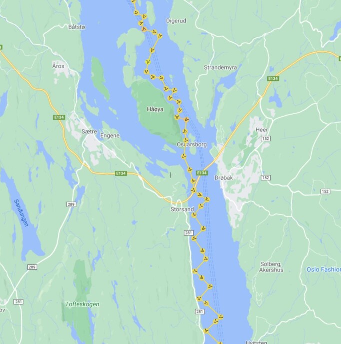 TRACKING: Sporet viser hvor Hertzberg seilte ut Drøbaksund. TRACKING: Sporet viser hvor Hertzberg seilte ut Drøbaksund.