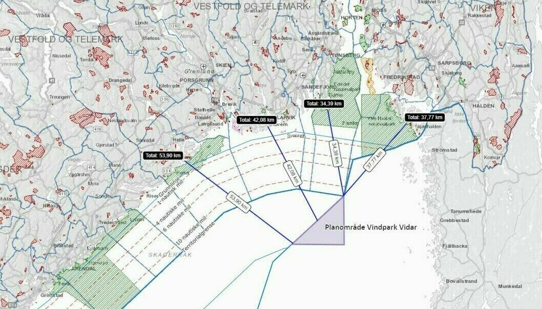 DIGERT: Det planlagte anlegget vil ligge 34,4 kilometer syd for Hvasser. Her kan det komme opp mot 91 vindturbiner med en høyde på nærmere 340 meter. DIGERT: Det planlagte anlegget vil ligge 34,4 kilometer syd for Hvasser. Her kan det komme opp mot 91 vindturbiner med en høyde på nærmere 340 meter.