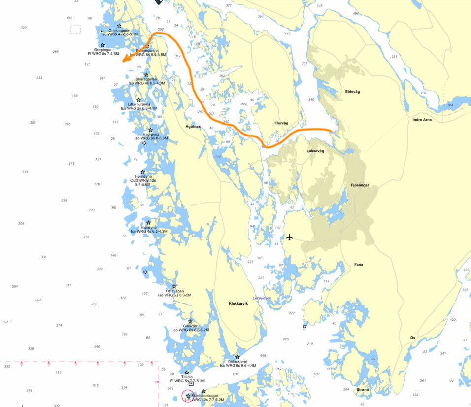 STARTOMRÅDE: Den nye starten er lagt til Rongesund. Båten seiler Hjeltefjorden ut fra Bergen til Startorådet.